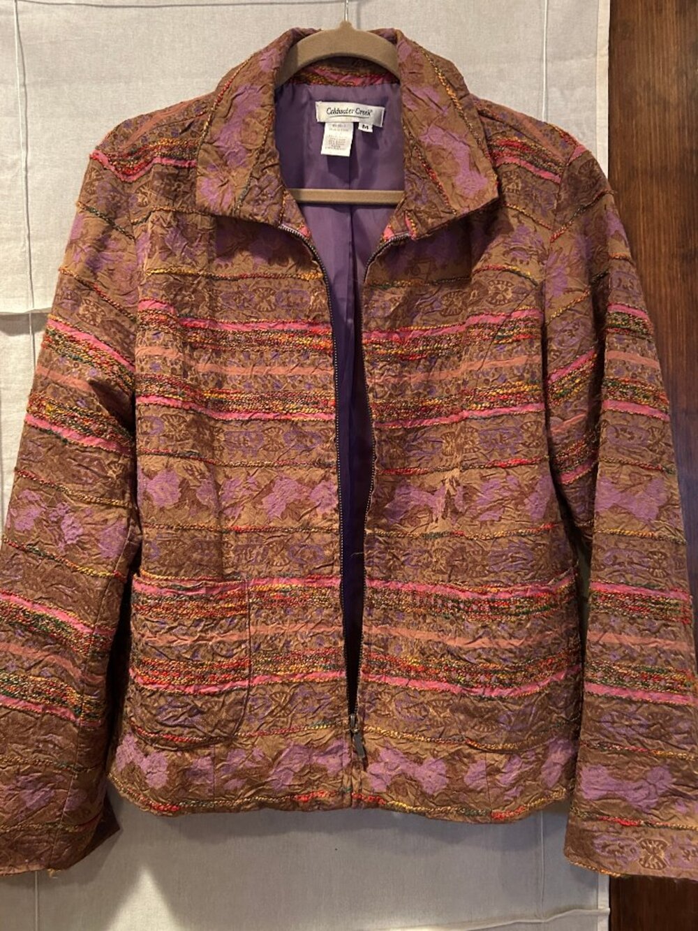 Coldwater Creek Jacket / Blazer Patchwork With Zipper Closure - Purple Lining